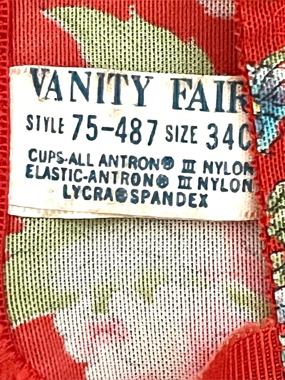 Vintage Vanity Fair 34C Red Floral Print Underwire Bra retro 70’s Style 75-487